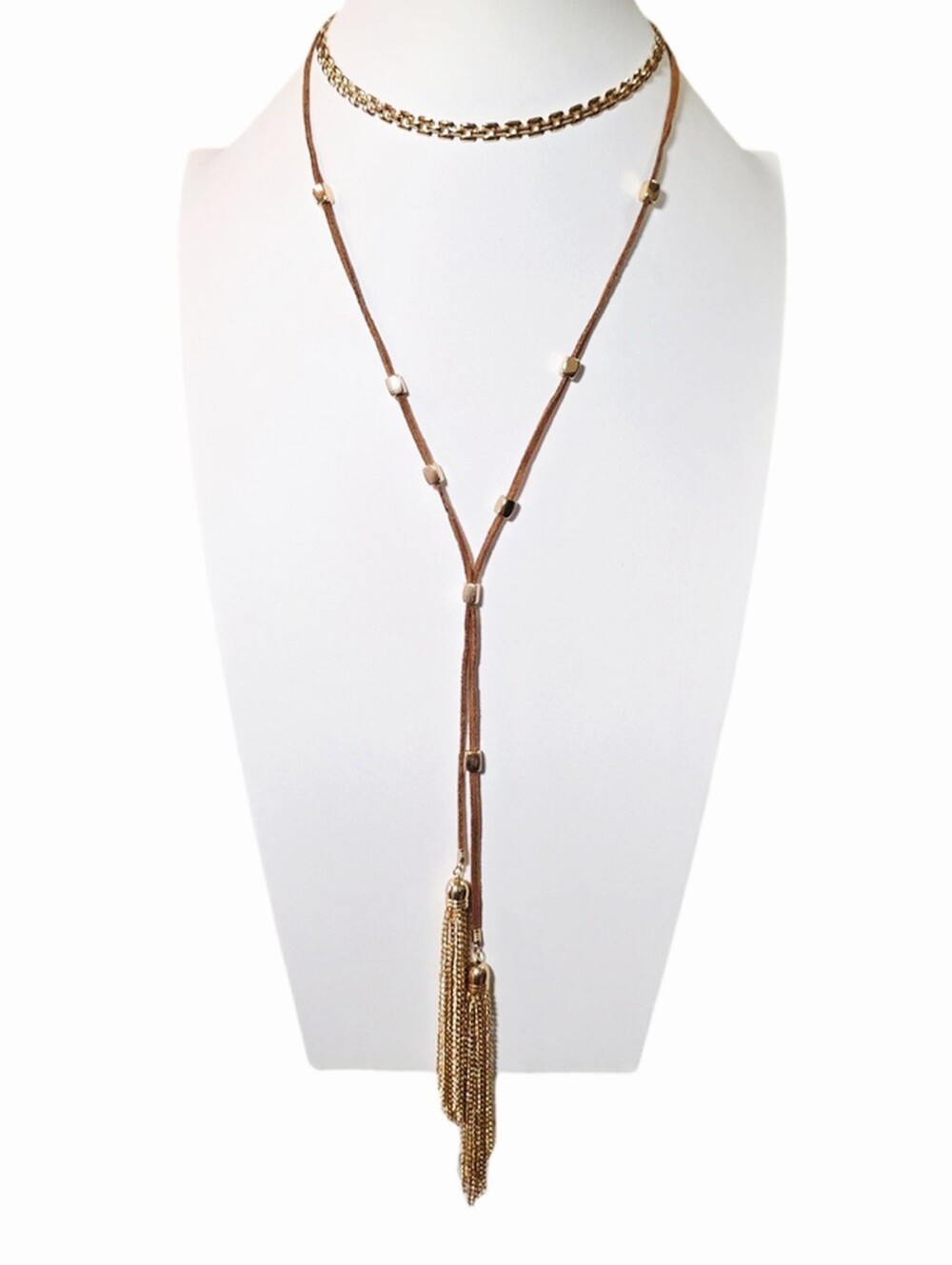 Layered Brown Suede and Gold Tassel Choker Lariat Necklace